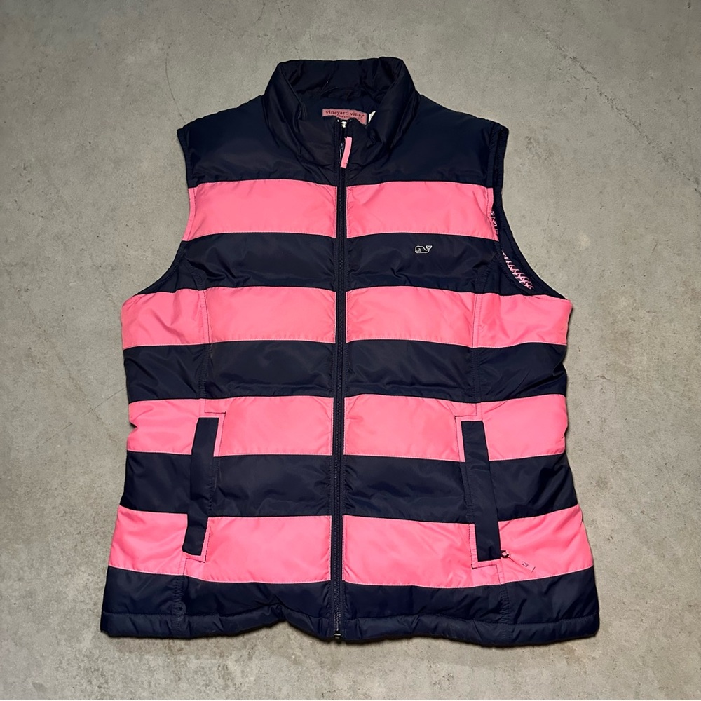 Vineyard Vines Quilted Navy and Pink Striped Vest